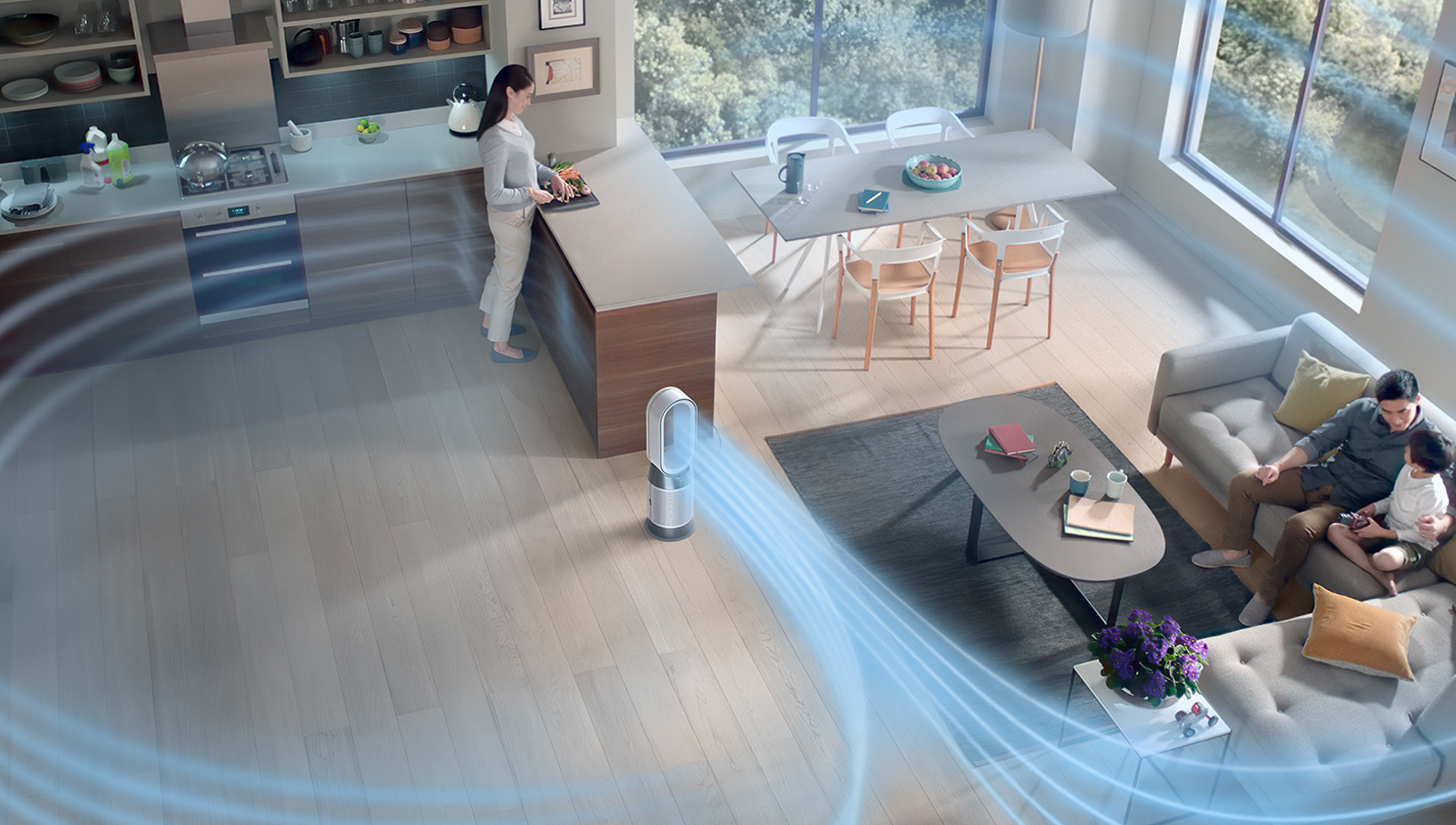 The airflow of the Dyson Purifier Hot+CoolTM Gen1 machine circulating a room.